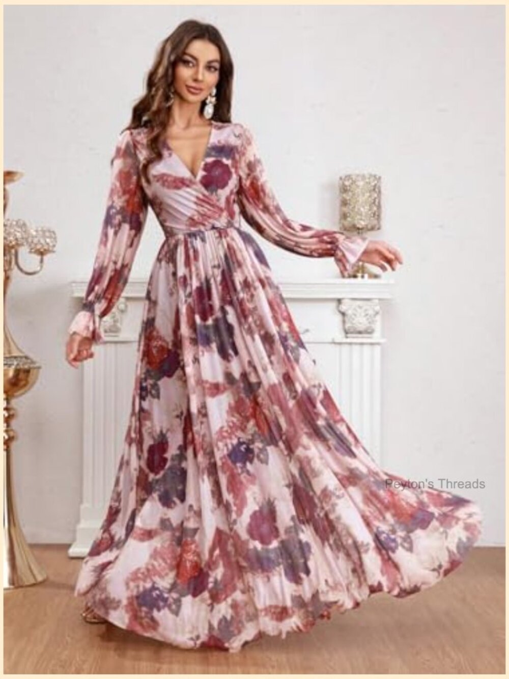 Bohemian V Neck Long Sleeve Ruffle Floral Maxi Dress - Summer - Picture 6 of 6